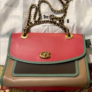 Coach coral, Brown,teal and tan Leather Shoulder Bag